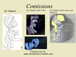 Size: 1024x768 | Tagged: safe, artist:booker-the-dewitt, derpy hooves, maud pie, princess luna, starlight glimmer, alicorn, pegasus, pony, commission, commission info, female, loony luna, mare, sketch