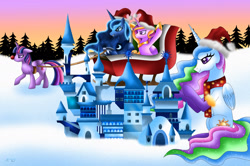 Size: 1664x1106 | Tagged: safe, artist:rose-beuty, princess cadance, princess celestia, princess luna, twilight sparkle, twilight sparkle (alicorn), alicorn, pony, abuse, canterlot castle, female, hat, mare, mean, sad, santa hat, sleigh, snow, twilybuse