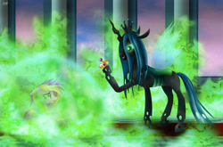 Size: 2270x1500 | Tagged: safe, artist:rose-beuty, princess cadance, queen chrysalis, alicorn, changeling, changeling queen, pony, crown, female, horn