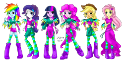 Size: 7087x3508 | Tagged: safe, artist:zakurarain, applejack, fluttershy, pinkie pie, rainbow dash, rarity, twilight sparkle, equestria girls, belly button, boots, braid, clothes, cowboy hat, crossover, dress, hat, high heels, humane five, humane six, leggings, pantyhose, shoes, shorts, side slit, simple background, skirt, stetson, stockings, thigh highs, transparent background, w.i.t.c.h.