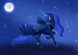 Size: 3507x2480 | Tagged: safe, artist:crazydrawingduck, princess luna, alicorn, pony, glowing horn, moon, night, solo