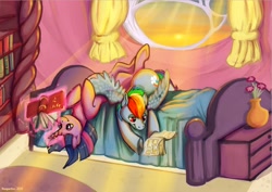 Size: 1280x905 | Tagged: safe, artist:reaperfox, rainbow dash, twilight sparkle, pegasus, pony, bed, book, comic book, female, golden oaks library, lesbian, reading, shipping, sunlight, twidash