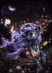 Size: 809x1141 | Tagged: safe, artist:assasinmonkey, edit, princess luna, alicorn, pony, beautiful, canterlot, city, clothes, colored, crescent moon, dress, female, jewelry, mare, moon, necklace, night, pond, prone, scenery, solo, stars, water, waterlily