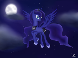 Size: 3264x2448 | Tagged: safe, artist:ollofkyser, princess luna, alicorn, pony, flying, moon, night, solo