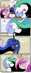Size: 3000x6956 | Tagged: safe, artist:lrusu, princess cadance, princess celestia, princess luna, alicorn, pony, absurd resolution, comic, dad joke, dialogue, female, joke, mare, oh my god, speech bubble, this will end in tears and/or a journey to the moon, tired