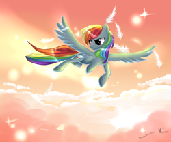 Size: 3000x2500 | Tagged: safe, artist:aquagalaxy, rainbow dash, pegasus, pony, cloud, cloudy, feather, flying, solo, wallpaper