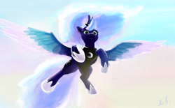 Size: 1277x790 | Tagged: safe, artist:xbi, princess luna, alicorn, pony, flying, sky, solo