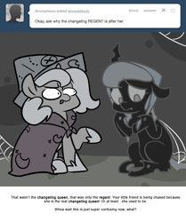 Size: 666x795 | Tagged: safe, artist:egophiliac, princess luna, oc, oc:imogen, alicorn, changeling, changeling queen, pony, cartographer's cap, changeling oc, changeling queen oc, dungeon, female, filly, grayscale, hat, marauder's mantle, monochrome, moonstuck, spider web, woona, woonoggles, younger