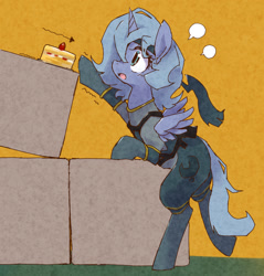 Size: 880x922 | Tagged: safe, artist:kolshica, princess luna, alicorn, pony, ask snake luna, bipedal, cake, clothes, food, looking up, metal gear, nervous, open mouth, raised hoof, s1 luna, solo, spread wings