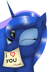Size: 1629x2338 | Tagged: safe, artist:victoria-luna, princess luna, alicorn, pony, heart, looking at you, note, one eye closed, simple background, solo, transparent background, wink
