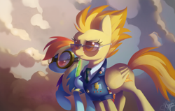 Size: 1650x1050 | Tagged: safe, artist:dawnfire, rainbow dash, spitfire, pegasus, pony, aviator goggles, cloud, cloudy, colored pupils, duo, goggles, raised hoof, signature, sunglasses, wonderbolt trainee uniform