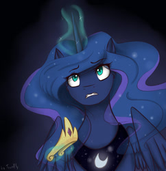 Size: 600x620 | Tagged: safe, artist:tavifly, princess luna, alicorn, pony, concerned, crown, fear, implied princess celestia, jewelry, magic, regalia, solo, telekinesis