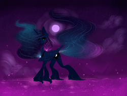 Size: 1600x1200 | Tagged: safe, artist:elven-ivy, princess luna, alicorn, pony, galaxy mane, moon, night, solo, unshorn fetlocks