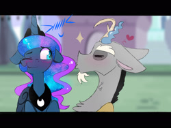 Size: 2480x1863 | Tagged: safe, artist:elementalokami, discord, princess luna, alicorn, pony, blushing, canterlot, crown, cute, eyes closed, floppy ears, heart, jewelry, kissy face, lunacord, male, one eye closed, regalia, shipping, straight