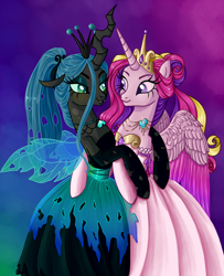 Size: 2648x3264 | Tagged: dead source, safe, artist:aurora69rainbow, princess cadance, queen chrysalis, alicorn, changeling, changeling queen, pony, alternate hairstyle, bipedal, blushing, cadalis, clothes, crystal heart, dress, female, hug, lesbian, necklace, ponytail, shipping