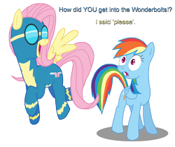 Size: 690x580 | Tagged: safe, artist:catchman, fluttershy, rainbow dash, pegasus, pony, clothes, dialogue, duo, uniform, wonderbolts, wonderbolts uniform, wondershy