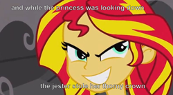 Size: 816x452 | Tagged: safe, edit, edited screencap, screencap, sunset shimmer, equestria girls, equestria girls (movie), american pie, don mcclean, image macro, lyrics, solo, song reference