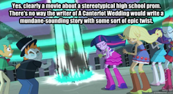 Size: 625x339 | Tagged: safe, edit, edited screencap, screencap, applejack, rainbow dash, rarity, snails, snips, spike, sunset shimmer, twilight sparkle, dog, equestria girls, equestria girls (movie), equestria girls drama, image macro, impact font, sarcasm, spike the dog