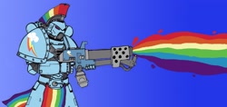 Size: 3000x1420 | Tagged: safe, artist:ghettomole, rainbow dash, crossover, flamer, flamethrower, no pony, power armor, powered exoskeleton, space marine, warhammer (game), warhammer 40k, weapon