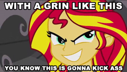 Size: 590x337 | Tagged: safe, edit, edited screencap, screencap, sunset shimmer, equestria girls, equestria girls (movie), evil grin, grin, image macro, solo