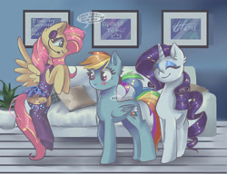 Size: 3000x2300 | Tagged: safe, artist:xjenn9, fluttershy, rainbow dash, rarity, pegasus, pony, unicorn, blushing, clothes, cutie mark, cyrillic, eyes closed, female, flutterdash, flying, headset, horn, lesbian, mare, picture frame, pillow, plant, ponytail, russian, shipping, smiling, socks, sofa, speech bubble, thigh highs, translated in the comments, wings