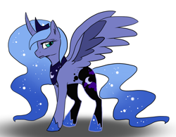 Size: 1414x1104 | Tagged: safe, artist:not-ordinary-pony, nightmare moon, princess luna, alicorn, pony, corrupted, crown, curved horn, jewelry, looking back, nightmare luna, regalia, simple background, solo, spread wings, white background