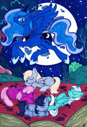 Size: 1024x1487 | Tagged: safe, artist:raxamermaid, cheerilee, derpy hooves, lyra heartstrings, octavia melody, princess luna, alicorn, earth pony, pegasus, pony, female, mare, moon, night, sleeping, traditional art