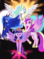 Size: 1947x2560 | Tagged: safe, artist:princessrosemcmitten, princess cadance, princess celestia, princess luna, twilight sparkle, twilight sparkle (alicorn), alicorn, pony, alicorn tetrarchy, female, mare, royal sisters, spread wings