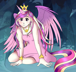 Size: 1000x950 | Tagged: safe, artist:missvonv, princess cadance, human, a canterlot wedding, cave, clothes, dress, horned humanization, humanized, scene interpretation, solo, tailed humanization, winged humanization