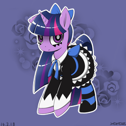 Size: 2272x2272 | Tagged: safe, artist:yorozpony, twilight sparkle, unicorn twilight, pony, unicorn, anarchy stocking, anime, clothes, costume, crossover, dress, female, horn, looking at you, mare, panty and stocking with garterbelt, shoes, skirt, socks, solo, stockings, striped socks, striped stockings, thigh highs