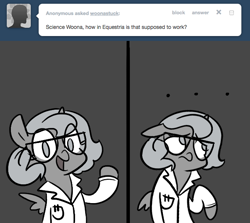 Size: 666x594 | Tagged: safe, artist:egophiliac, princess luna, alicorn, pony, ..., ask, clothes, filly, glasses, grayscale, lab coat, monochrome, moonstuck, science woona, solo, tumblr, woona, younger