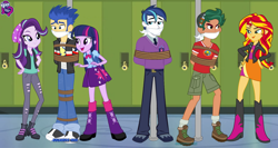 Size: 9000x4780 | Tagged: safe, artist:jucamovi1992, artist:ming-gid, flash sentry, shining armor, starlight glimmer, sunset shimmer, timber spruce, twilight sparkle, equestria girls, mirror magic, spoiler:eqg specials, absurd resolution, alumnus shining armor, beanie, bondage, cloth gag, equestria girls logo, female, flashglimmer, flashlight, gag, hat, male, rope, rope bondage, shipping, starsentry, straight, this will end in jail time, this will end in snu snu, tied up, twilight is worst sister