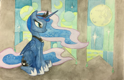 Size: 976x632 | Tagged: safe, artist:grokostimpy, princess luna, alicorn, pony, banner, cropped, folded wings, jewelry, lidded eyes, profile, regalia, sitting, solo, traditional art, watercolor painting