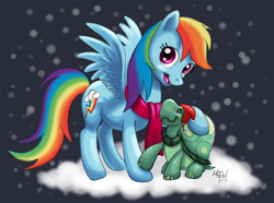 Size: 1140x850 | Tagged: safe, artist:mewzilla, rainbow dash, tank, pegasus, pony, clothes, cloud, hat, santa hat, scarf, snow, snowfall