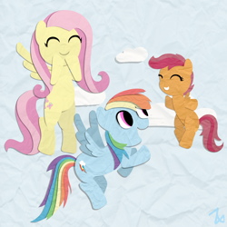 Size: 2000x2000 | Tagged: safe, artist:zoeezoee, fluttershy, rainbow dash, scootaloo, pegasus, pony, papercraft, scootaloo can fly