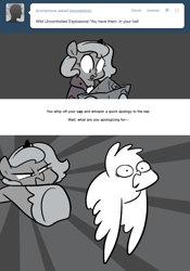 Size: 666x950 | Tagged: safe, artist:egophiliac, princess luna, oc, oc:pebbl, alicorn, pony, cartographer's cap, fastball special, filly, grayscale, hat, marauder's mantle, monochrome, moon roc, moonstuck, woona, woonoggles, younger