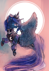 Size: 2266x3277 | Tagged: safe, artist:segraece, princess luna, alicorn, pony, clothes, crown, dress, flying, full moon, head turn, jewelry, looking back, moon, raised hoof, regalia, smiling, solo, spread wings