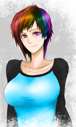 Size: 817x1358 | Tagged: safe, artist:healtz, artist:rammbrony, edit, rainbow dash, human, breasts, female, humanized, rainboob dash