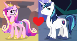 Size: 799x425 | Tagged: safe, edit, edited screencap, screencap, princess cadance, shining armor, alicorn, pony, unicorn, captain obvious, female, heart, male, shiningcadance, shipping, shipping domino, straight