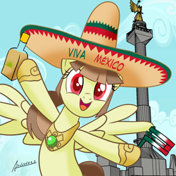 Size: 1810x1810 | Tagged: safe, artist:archooves, oc, oc:tailcoatl, pegasus, pony, alcohol, cute, female, food, hat, independence day, mexican, mexican independence day, mexico, mexico city, nation ponies, ponified, rattle, sketchup, solo, spanish, tequila