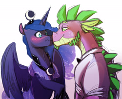 Size: 2461x2000 | Tagged: safe, artist:vindhov, princess luna, spike, alicorn, dragon, pony, blushing, boop, clothes, crack shipping, gradient background, high res, interspecies, lidded eyes, looking at each other, male, older, raised hoof, scrunchy face, shipping, simple background, smiling, spiluna, spread wings, story in the source, straight, white background