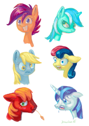 Size: 600x849 | Tagged: safe, artist:drawirm, big macintosh, bon bon, derpy hooves, lyra heartstrings, scootaloo, shining armor, sweetie drops, earth pony, pegasus, pony, unicorn, blushing, bust, colored pupils, crying, floppy ears, grin, happy, portrait, sad, simple background, smiling, white background