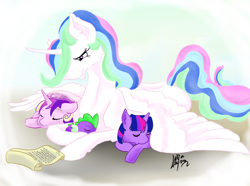 Size: 2040x1515 | Tagged: safe, artist:firimil, princess cadance, princess celestia, spike, twilight sparkle, alicorn, dragon, pony, aunt and niece, auntlestia, cuddling, cute, cutedance, cutelestia, momlestia, snuggling, spikabetes, spread wings, teacher and student, twiabetes, wing blanket