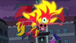 Size: 1023x576 | Tagged: safe, screencap, sunset satan, sunset shimmer, twilight sparkle, equestria girls, equestria girls (movie), angry, big crown thingy, fiery shimmer, fist, flying, mane of fire, windswept mane