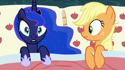 Size: 640x360 | Tagged: safe, edit, edited screencap, screencap, applejack, princess luna, alicorn, earth pony, pony, 28 pranks later, applejack's bed partner, bed, duo, duo female, exploitable meme, female, mare, meme, pillow, sweat