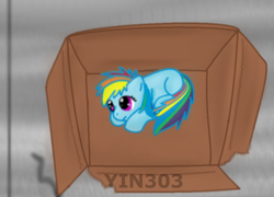 Size: 850x613 | Tagged: safe, artist:yin303, rainbow dash, pegasus, pony, fanfic:my little dashie, cardboard box, filly