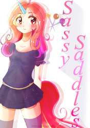 Size: 1193x1693 | Tagged: safe, artist:clefficia, sassy saddles, human, beautiful, blushing, clothes, cute, horn, horned humanization, humanized, moe, pleated skirt, sassybetes, skirt, socks, solo, tailed humanization, thigh highs