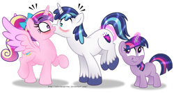 Size: 1600x856 | Tagged: safe, artist:aleximusprime, princess cadance, shining armor, alicorn, pony, unicorn, blushing, embarrassed, female, filly, filly twilight sparkle, kissing, lip bite, looking at each other, magic, male, mare, now kiss, shiningcadance, shipper on deck, shipping, simple background, smiling, stallion, straight, telekinesis, twilight the shipper