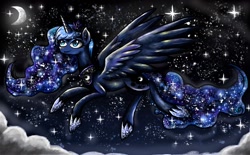 Size: 1280x793 | Tagged: safe, artist:ambersha, princess luna, alicorn, pony, crescent moon, flying, moon, night, night sky, sky, smiling, solo