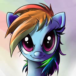 Size: 750x750 | Tagged: safe, artist:nac0n, rainbow dash, pegasus, pony, blue coat, female, mare, multicolored mane, smiling, solo